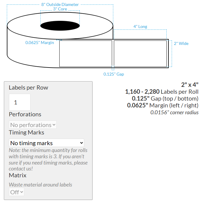 2" X 4" Matte White BOPP (BS5609 Certification) {Rectangle/Square Corners} Blank Roll Labels  (3"Core/8"OD)