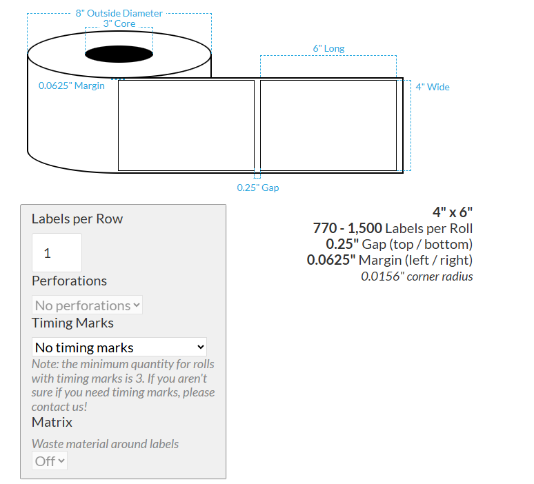 [102320-3X8-MWB-203-1000000] 4" X 6" Canon LX-P5510 Matte White BOPP {Rectangle/Square Corners} Roll Labels  (3"Core/8"OD)