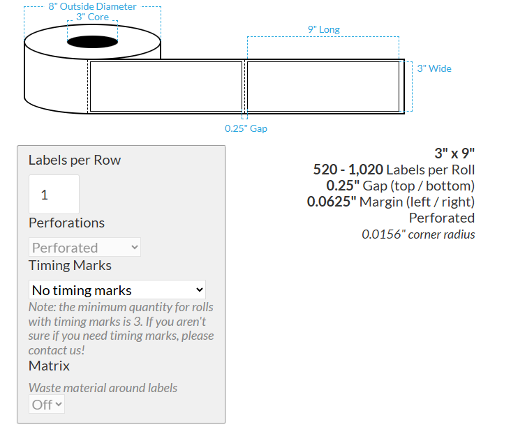 [105527-3X8-MK-203-1000000] 3" X 9" Canon LX-P5510 Matte White Kimdura {Rectangle/Square Corners} Perforated Roll Labels