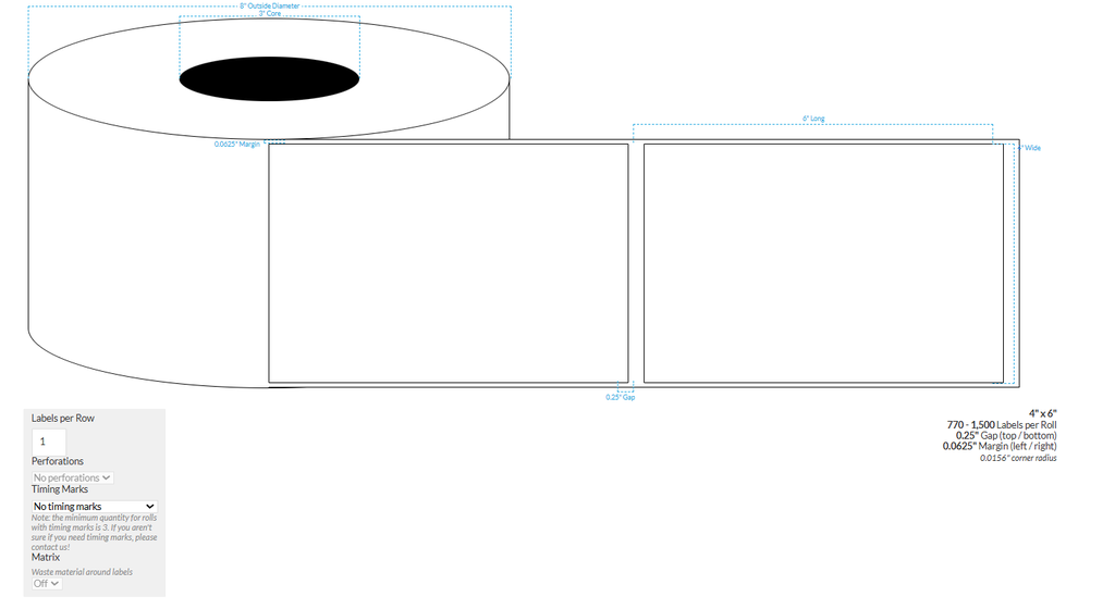 [102320-3X8-MWB-189-1000000] 4" X 6" Canon LX-D5500 Matte White BOPP {Rectangle/Square Corners} Roll Labels  (3"Core/8"OD)