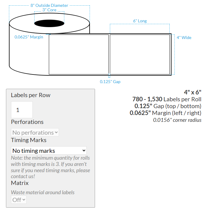[102473-3X8-HGB-110-1000000] 4" X 6" VIPColor VP750 High Gloss White BOPP (Rectangle/Square Corners) Roll Labels (3"Core/8"OD)