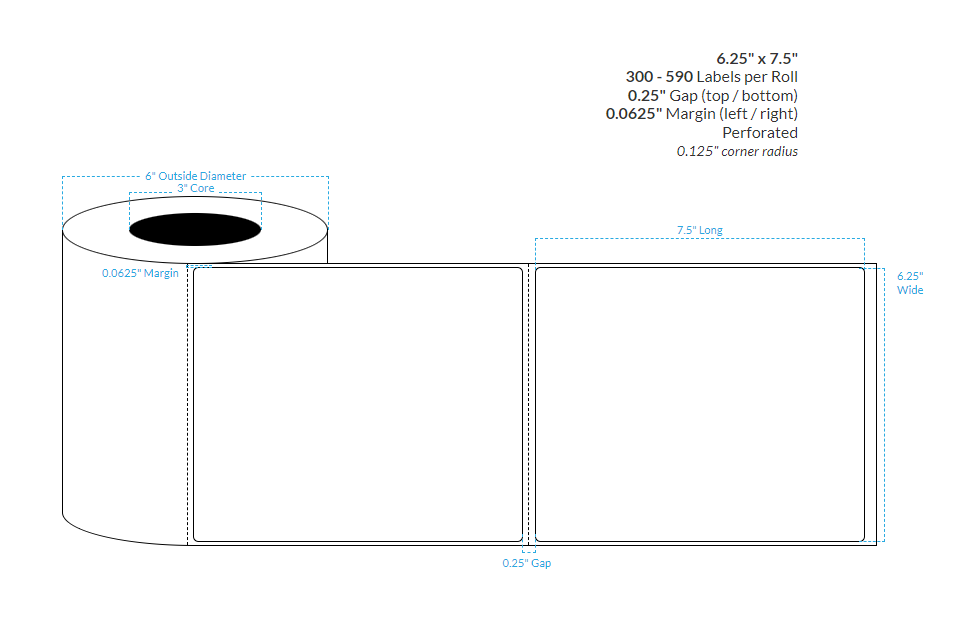 PRIMERA 6.25" X 7.5" HIGH GLOSS WHITE PAPER {ROUND CORNERS} PERFORATED Roll Labels (3"CORE/6"OD) (PERFORATED)