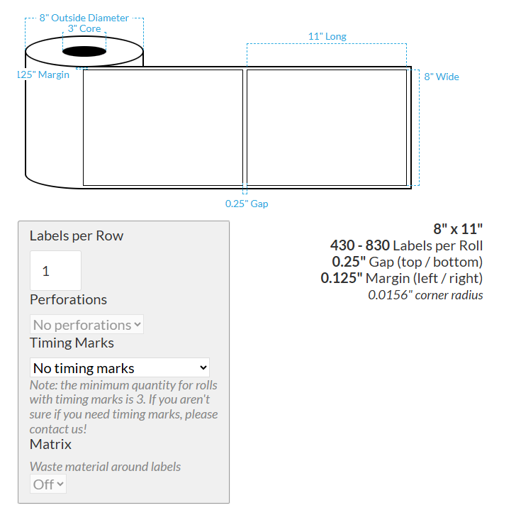 8" x 11" VIPColor VP750 MATTE WHITE BOPP (RECTANGLE/SQUARE CORNERS) Roll Labels (3"CORE/8"OD)