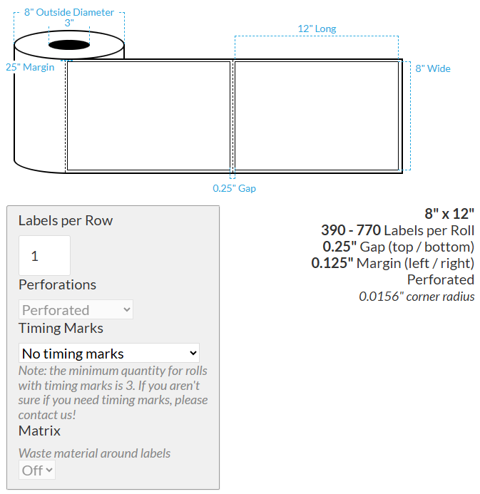 [101046-3X8-MWB-110-1000000] 8" X 12" VIPColor VP750 Matte White BOPP (Rectangle/Square Corners) Perforated Roll Labels (3"Core/8"OD)
