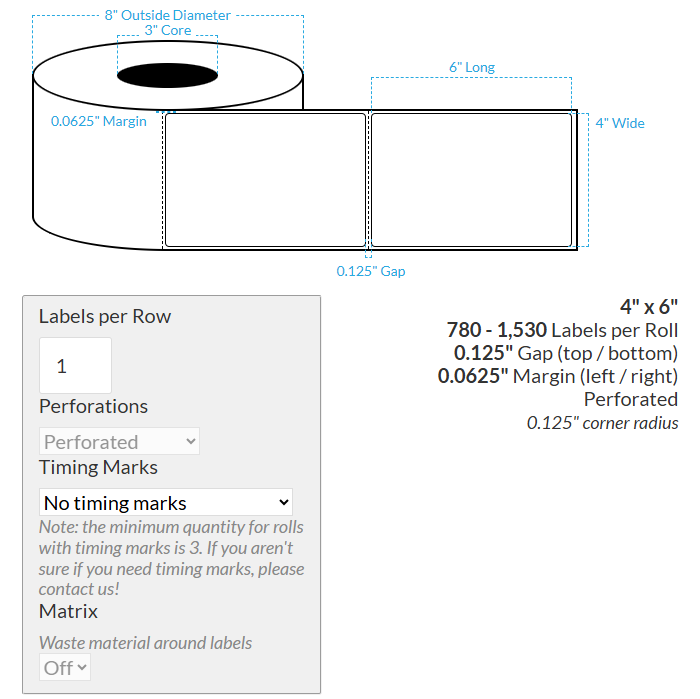 4" x 6" VIPColor VP750 HIGH GLOSS WHITE BOPP (ROUNDED CORNERS) PERFORATED Roll Labels (3"CORE/8"OD)
