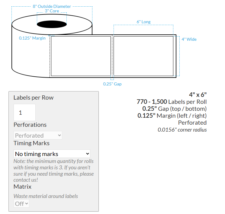 [105149-3X8-HGB-184-1000000] 4" X 6" VIPColor VP660 High Gloss White BOPP (Rectangle/Square Corners) Perforated Roll Labels (3"Core/8"OD)