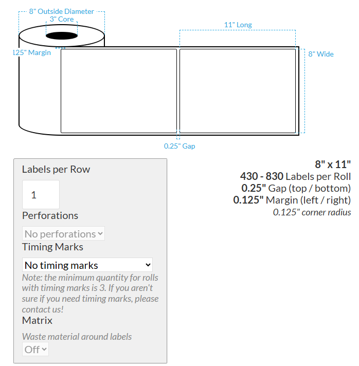 [100692-3X8-MWB-138-1000000] 8" X 11" VIPColor VP700 Matte White BOPP (Rounded Corners) Roll Labels (3"Core/8"OD)
