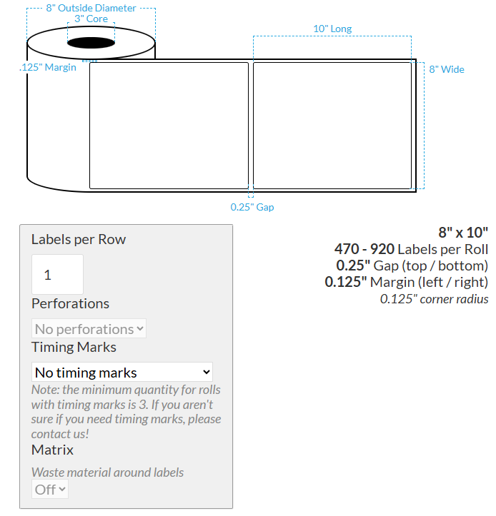 [100392-3X8-HGB-138-1000000] 8" X 10" VIPColor VP700 High Gloss White BOPP (Rounded Corners) Roll Labels (3"Core/8"OD)