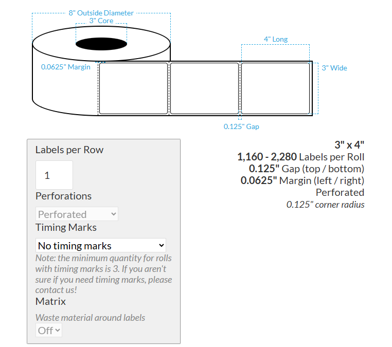 [105296-3X8-PHGWB-183-1000000] 3" X 4" VIPColor VP610 Premium High Gloss White BOPP (Rounded Corners) Perforated Roll Labels (3"Core/8"OD)