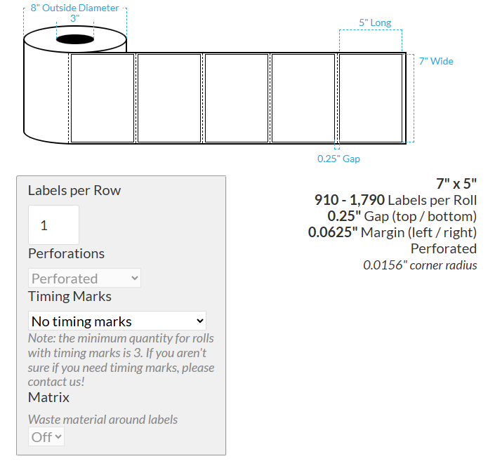 [102253-3X8-HGBET-182-1000000] 7" X 5" VIPColor VP550 High Gloss White BOPP Extreme Tack (Rectangle/Square Corners) Perforated Roll Labels (3"Core/8"OD)