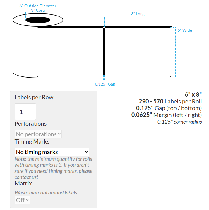 6" X 8" VIPColor VP650 High Gloss White BOPP (Rounded Corners) Roll Labels (3"Core/8"OD)