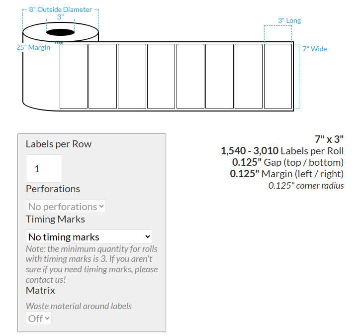[100296-3X8-PHGWB-184-1000000] 7" X 3" VIPColor VP660 Premium High Gloss White BOPP (Rounded Corners) Roll Labels (3"Core/8"OD)