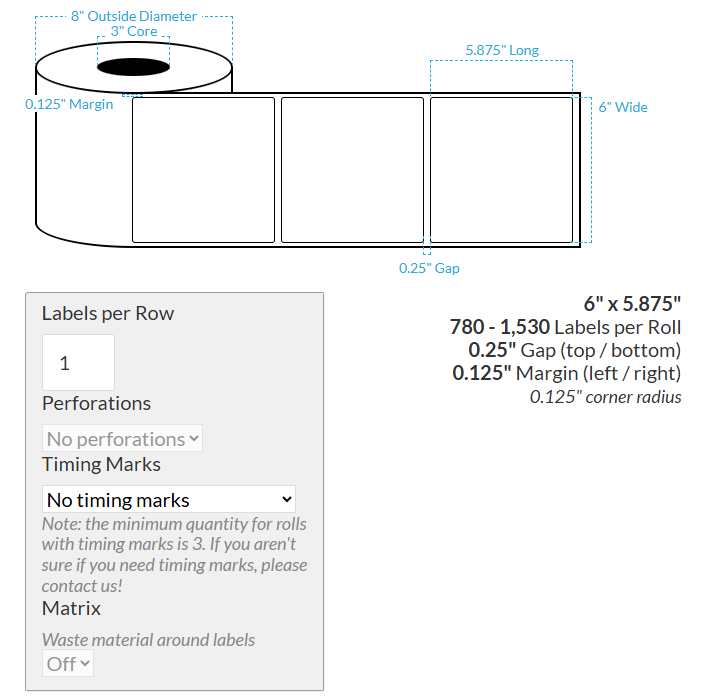 [105083-3X8-MWB-184-1000000] 6" X 5.875" VIPColor VP660 Matte White BOPP (Rounded Corners) Roll Labels (3"Core/8"OD)