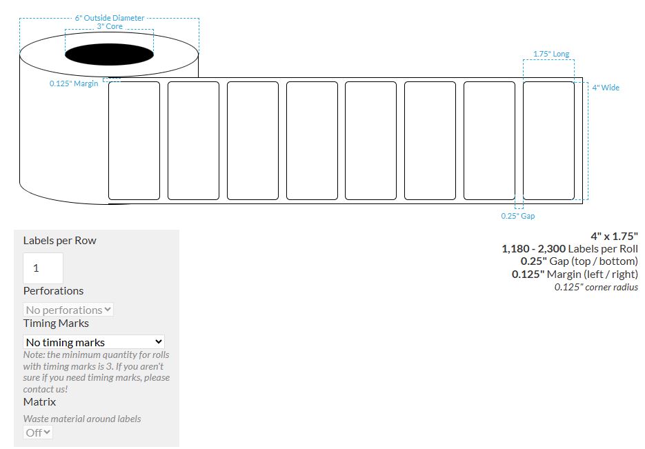 4" X 1.75" High Gloss White Paper {Round Corners} Roll Labels  (3"Core/6"OD)
