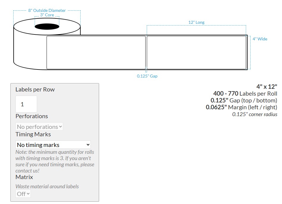 [105582-3X8-MWB-110-1000000] 4" X 12" Matte White BOPP (Rectangle/Square Corners) Roll Labels (3"Core/8"OD)