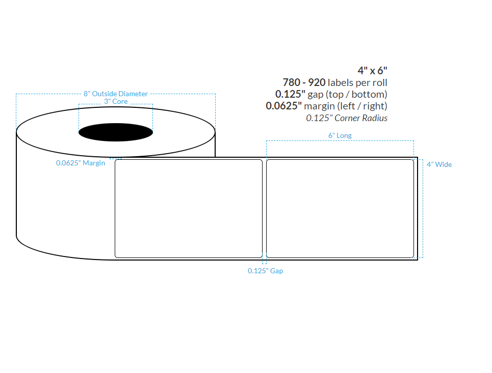 [102473-3X8-HGB-206-1000000] 4" X 6" High Gloss White Polypropylene BOPP {Square Corners} Roll Labels (3"Core/8"OD)