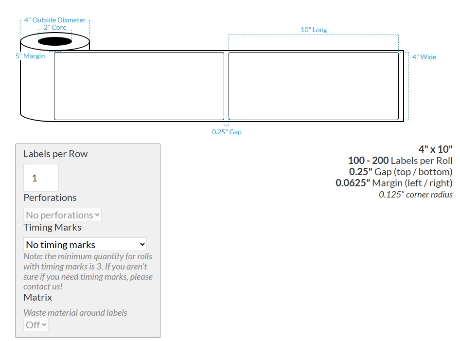 4" X 10" MATTE WHITE PAPER {ROUNDED CORNERS} Roll Labels (2"CORE/4"OD)