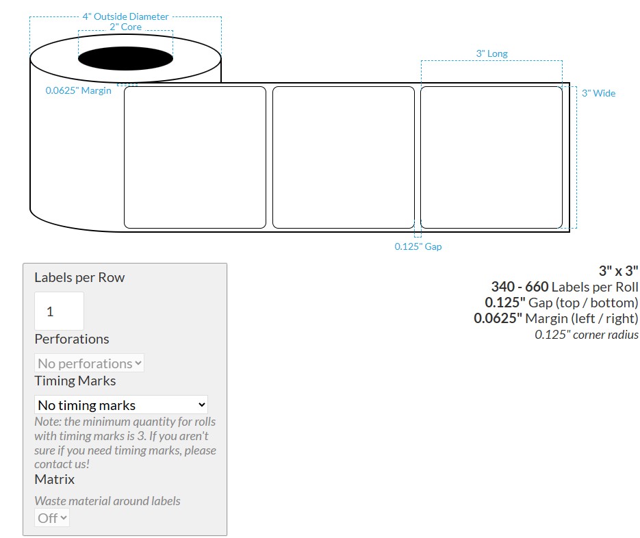 3" X 3" MATTE WHITE PAPER {ROUNDED CORNERS} Roll Labels (2"CORE/4"OD)