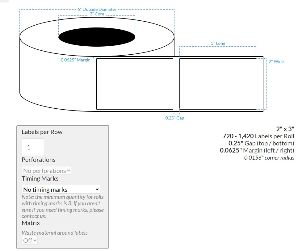 2" x 3" HIGH GLOSS WHITE Polypropylene BOPP {SQAURE COPRNERS} Roll Labels (2"CORE/6"OD) PRIMARA LX600