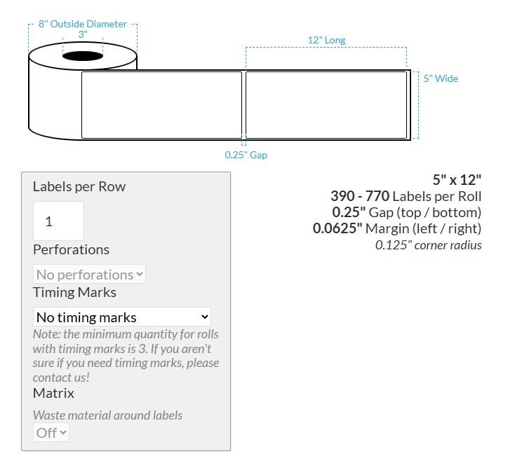 [101291-3X8-SGWP-110-1000000] 5" x 12" SEMI GLOSS WHITE PAPER {ROUNDED CORNERS} Roll Labels (3"CORE/8"OD)