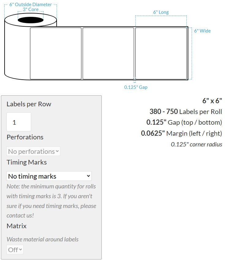 6" X 6" Matte White BOPP (BS5609 Certification) {Rounded Corners} Blank Roll Labels  (3"Core/6"OD)