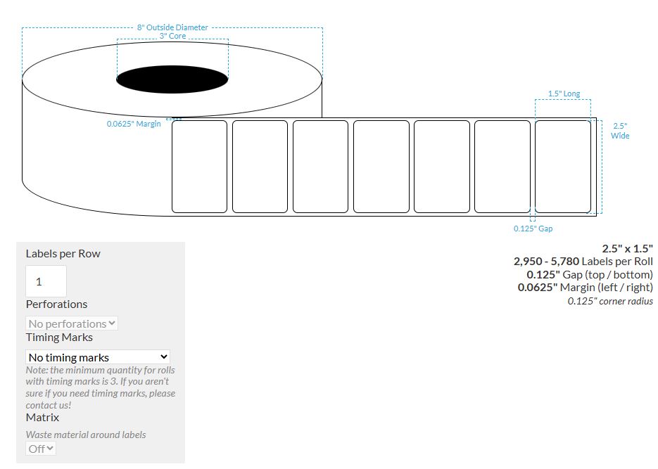 [100788-3X8-MK-161-1000000] 2.5" X 1.5" Matte Kimdura {Rounded Corners} Roll Labels  (3"Core/8"OD)