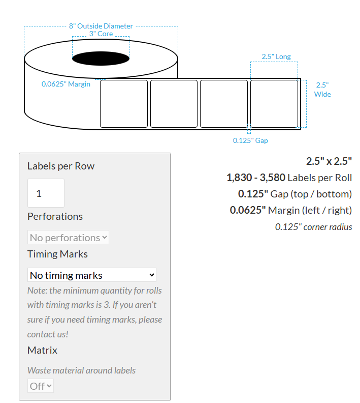 [100658-3X8-MK-161-1000000] 2.5" X 2.5" Matte Kimdura {Rounded Corners} Roll Labels  (3"Core/8"OD)