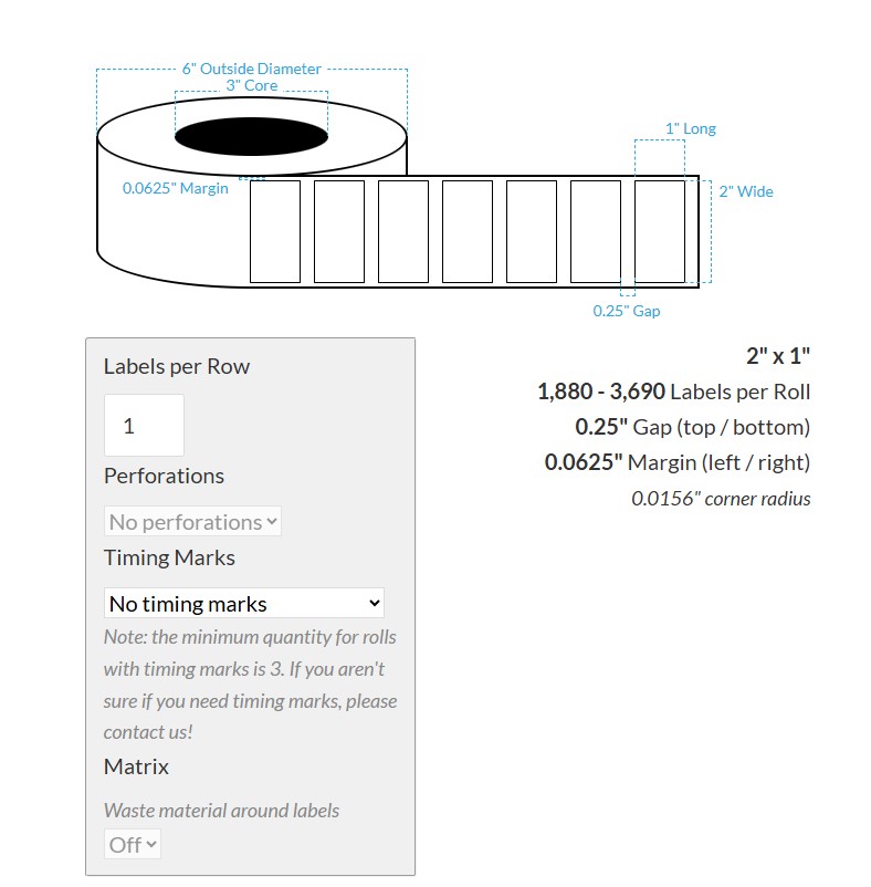 2" x 1" HIGH GLOSS WHITE Polypropylene BOPP {SQUARE CORNERS} Roll Labels (3"CORE/6"OD)