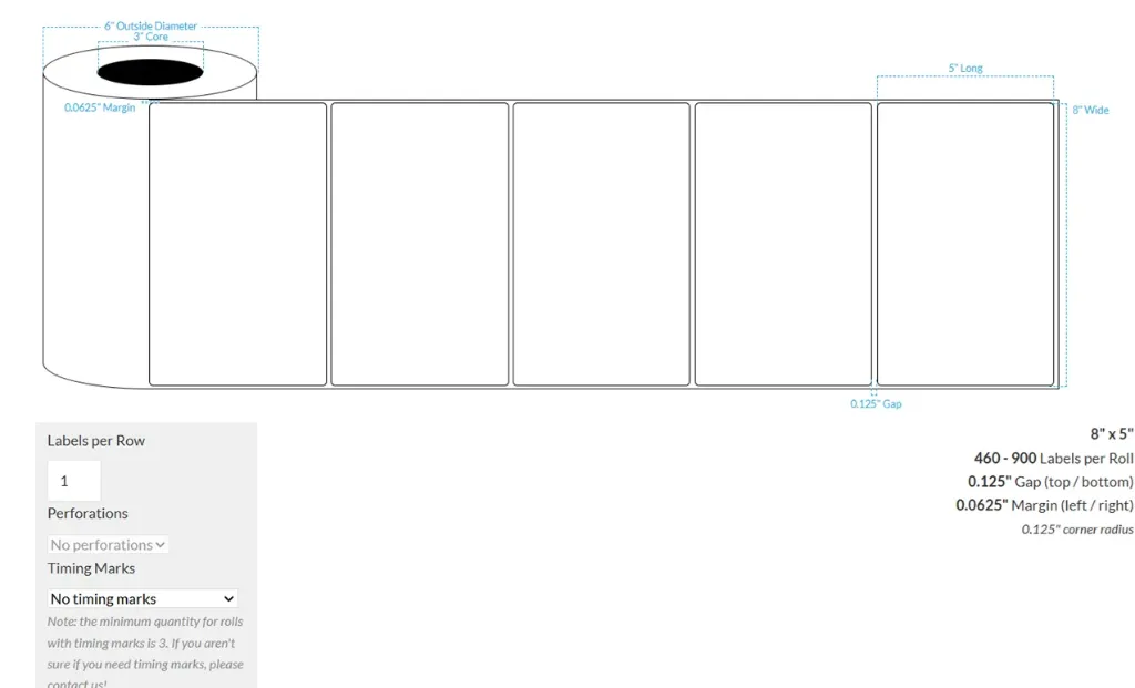 8" x 5" HIGH GLOSS WHITE PAPER {ROUNDED CORNERS} Roll Labels (3"CORE/6"OD)