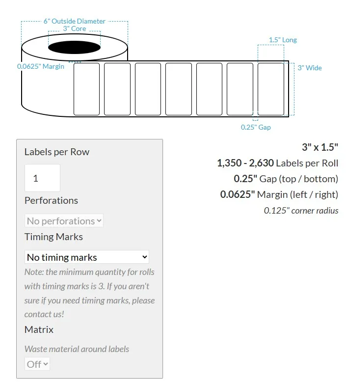 3" X 1.5" High Gloss White Polypropylene BOPP {Rounded Corners} Roll Labels (3"Core/6"OD)
