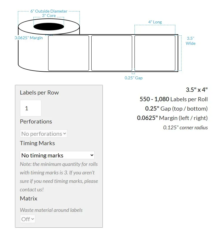 3.5" X 4" High Gloss White Polypropylene BOPP {Round Corners} Roll Labels (3"Core/6"OD)