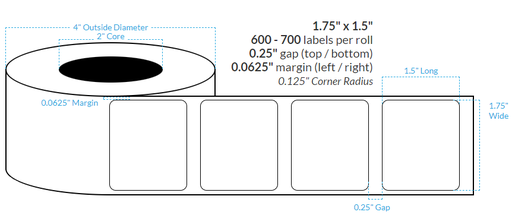 [100591-2X4-SB-125-1000000] 1.75" x 1.5" SILVER Polypropylene BOPP {ROUNDED CORNERS} Roll Labels (2"CORE/4"OD)