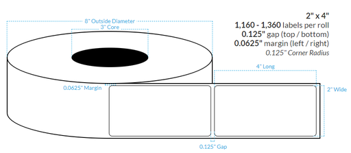 [100594-3X8-HGB-161-1000000] 2" x 4" HIGH GLOSS WHITE Polypropylene BOPP {ROUNDED CORNERS} Roll Labels  (3"CORE/8"OD)