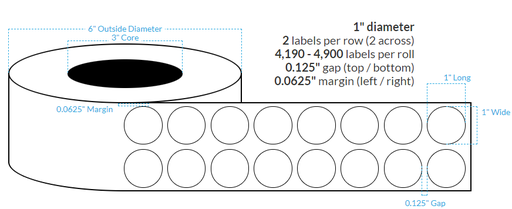 [100577-3X6-HGB-117-2110000] 1" HIGH GLOSS WHITE Polypropylene  BOPP {CIRCLE} Roll Labels (3"CORE/6"OD)