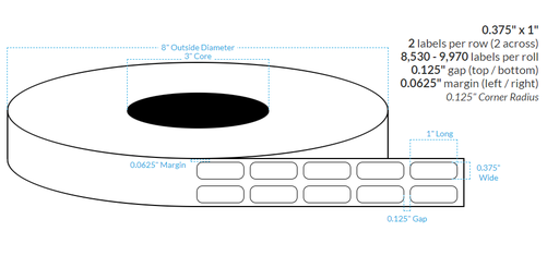 [100231-3X8-HGB-161-2000000] .375" x 1" HIGH GLOSS WHITE Polypropylene BOPP {ROUNDED CORNERS} Roll Labels  (3"CORE/8"OD)
