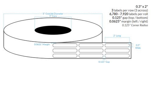 [101258-3X8-HGB-161-3000000] .3" X 2" HIGH GLOSS WHITE Polypropylene BOPP {ROUNDED CORNERS} Roll Labels  (3"CORE/8"OD)