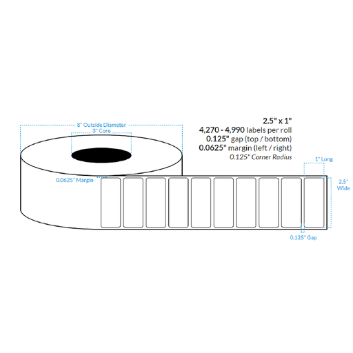 [100529-3X8-MWB-129-1000000] 2.5" x 1" MATTE WHITE Polypropylene BOPP {ROUNDED CORNERS} Roll Labels  (3"CORE/8"OD)