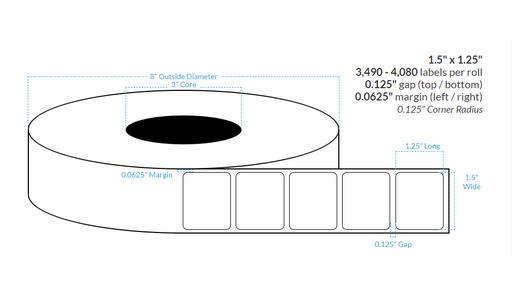 [100073-3X8-SGWP-161-1000000] 1.5" x 1.25"  SEMI GLOSS WHITE PAPER {ROUNDED CORNERS} Roll Labels (3"CORE/8"OD)