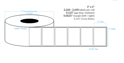 [100907-3X8-MWB-182-1000000] 3" x 2" MATTE WHITE Polypropylene BOPP {ROUNDED CORNERS} Roll Labels  (3"CORE/8"OD)