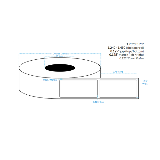[100846-3X8-MWB-161-1000000] 1.75" x 3.75" MATTE WHITE Polypropylene BOPP {ROUNDED CORNERS} Roll Labels  (3"CORE/8"OD)