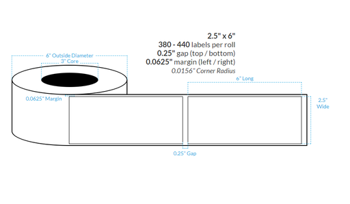 [102612-3X6-HGB-151-1000000] 2.5" x 6" PREMIUM HIGH GLOSS WHITE Polypropylene BOPP {SQUARE CORNERS} Roll Labels (3"CORE/6"OD)
