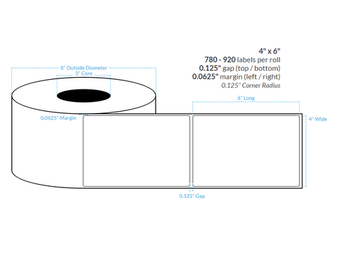 [100868-3X8-HGB-129-1000000] 4" X 6" HIGH GLOSS WHITE Polypropylene BOPP {ROUNDED CORNERS} Roll Labels  (3"CORE/8"OD)