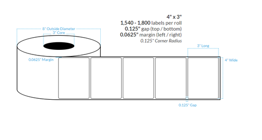 [100859-3X8-HGB-129-1000000] 4" X 3" HIGH GLOSS WHITE Polypropylene BOPP {ROUNDED CORNERS} Roll Labels  (3"CORE/8"OD)