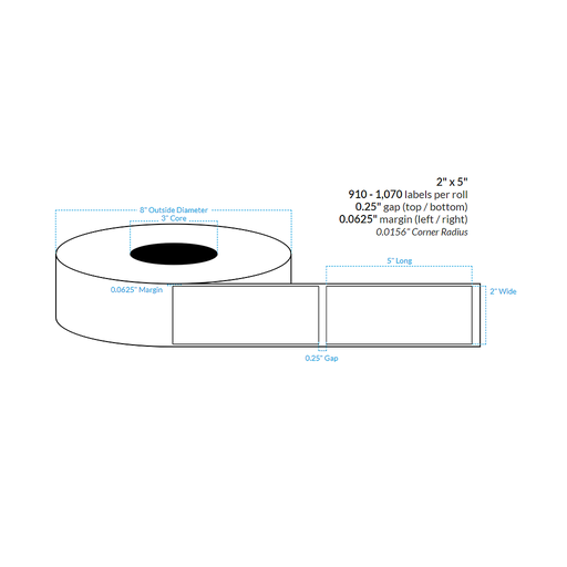 [102327-3X8-HGB-161-1000000] 2" x 5" PREMIUM HIGH GLOSS WHITE Polypropylene BOPP {RECTANGLE} Roll Labels  (3"CORE/8"OD)