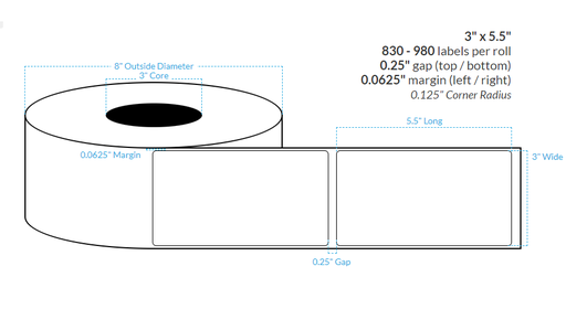 [100539-3X8-HGB-110-1000000] 3" x 5.5"  HIGH GLOSS WHITE Polypropylene BOPP {ROUNDED CORNERS} Roll Labels (3"CORE/8"OD)