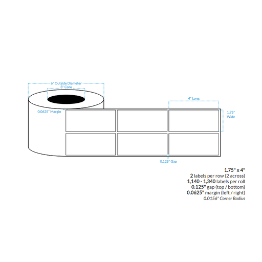 [101994-3X6-HGB-162-2000000] 1.75" x 4" HIGH GLOSS WHITE Polypropylene BOPP {SQUARE CORNERS} Roll Labels  (3"CORE/6"OD)