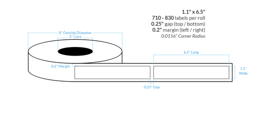 [102471-3X8-HGB-161-1000000] 1.1" x 6.5" HIGH GLOSS WHITE Polypropylene BOPP {SQUARE CORNERS} Roll Labels  (3"CORE/8"OD)