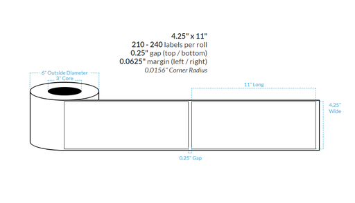 [101706-3X6-HGB-151-1000000] 4.25" X 11" PREMIUM HIGH GLOSS WHITE Polypropylene BOPP {SQUARE CORNERS} Roll Labels  (3"CORE/6"OD)