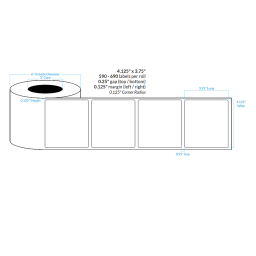 [101688-3X6-HGB-151-1000000] 4.125" X 3.75" PREMIUM HIGH GLOSS WHITE Polypropylene BOPP {ROUNDED CORNERS} Roll Labels  (3"CORE/6"OD)