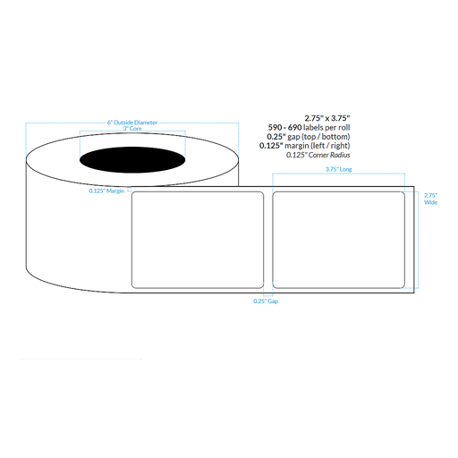[100575-3X6-HGB-151-1000000] 2.75" x 3.75" PREMIUM HIGH GLOSS WHITE Polypropylene BOPP {ROUNDED CORNERS} Roll Labels (3"CORE/6"OD)
